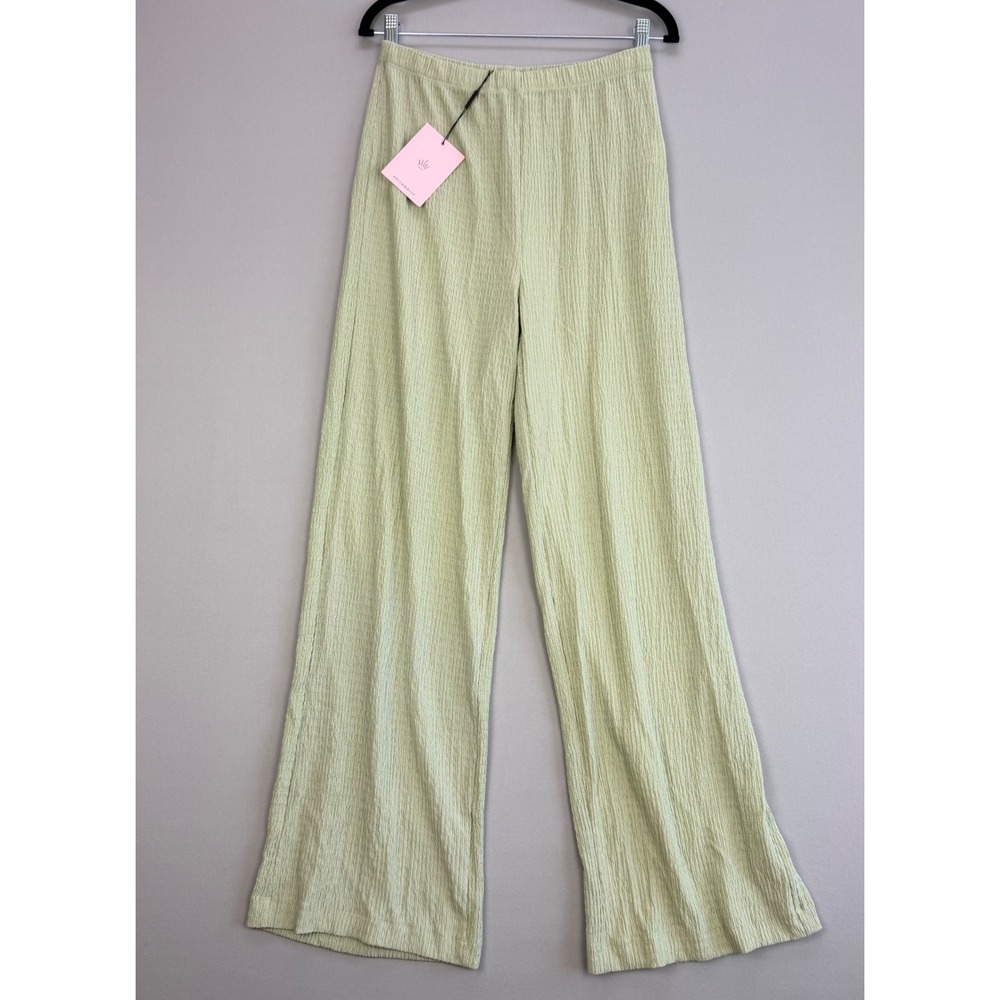 NWT Hello Molly Wide Leg Sage Green Crinkle Textured Pants High Waist Size 6 M